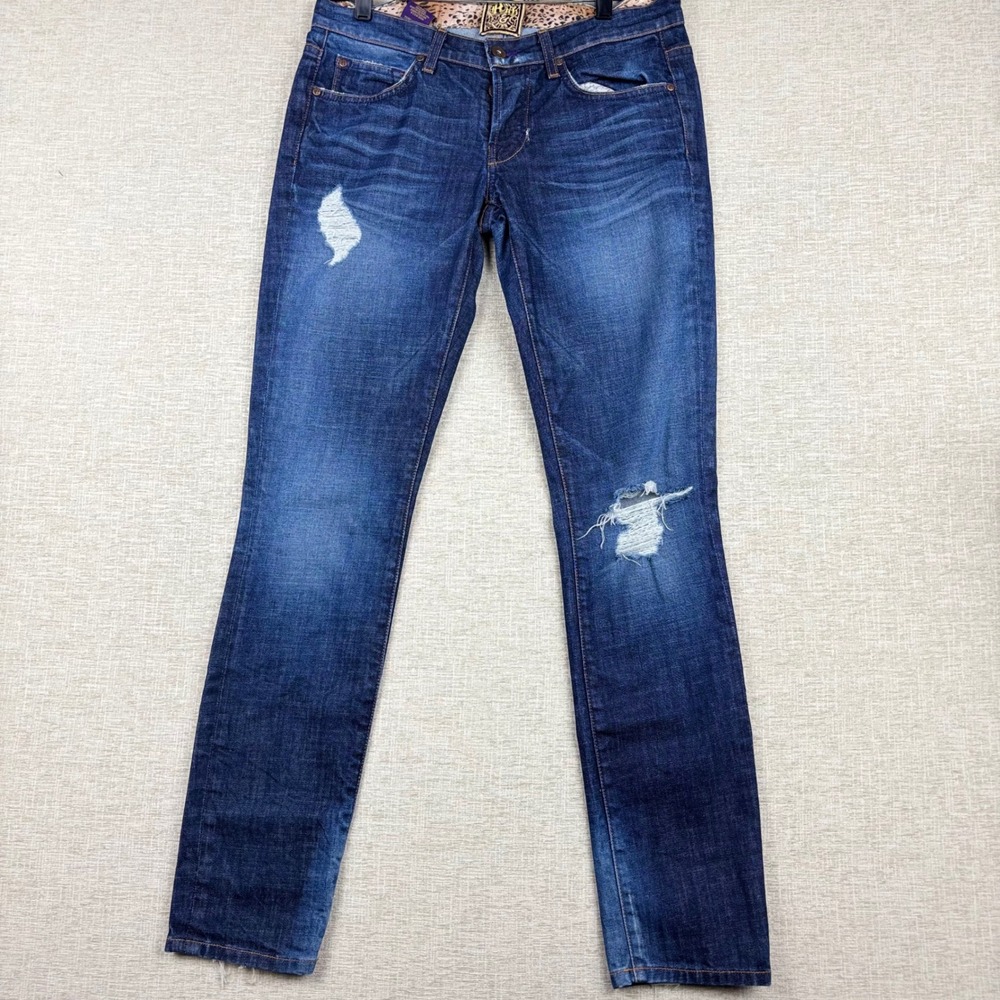 Rich & Skinny Distressed Slim Straight Jeans Dark Wash Leopard Trim Made in USA